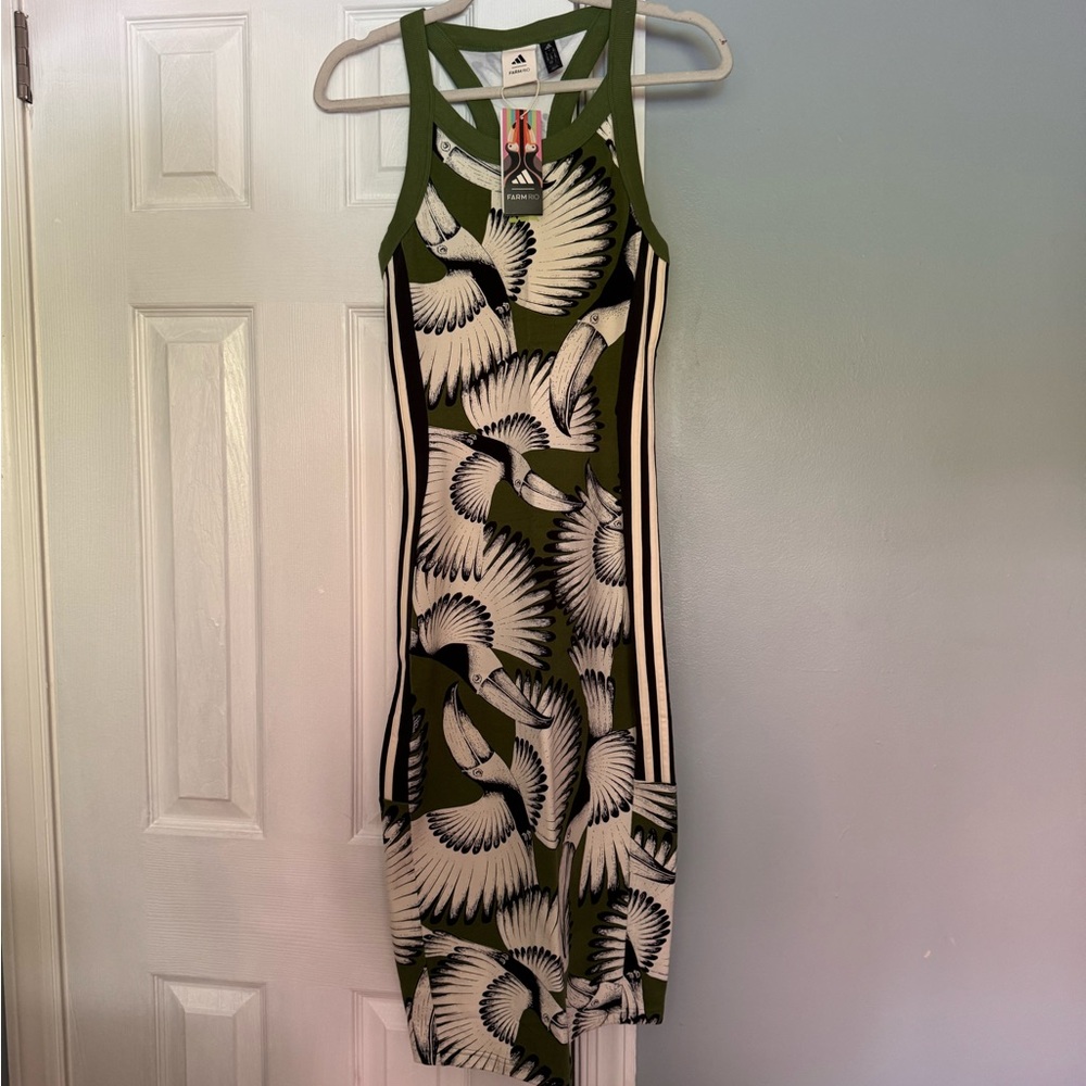 NWT Adidas x Farm Rio Jersey Farm Midi Dress in Cream White and Crew Green - Picture 4 of 11
